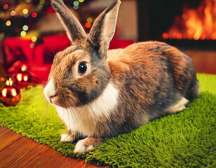 AI generated image of a domesticated bunny rabbit in a cozy Christmas setting.