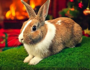 AI generated image of a domesticated bunny rabbit in a cozy Christmas setting.