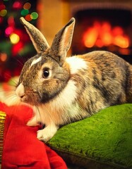 AI generated image of a domesticated bunny rabbit in a cozy Christmas setting.