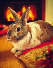 AI generated image of a domesticated bunny rabbit in a cozy Christmas setting.