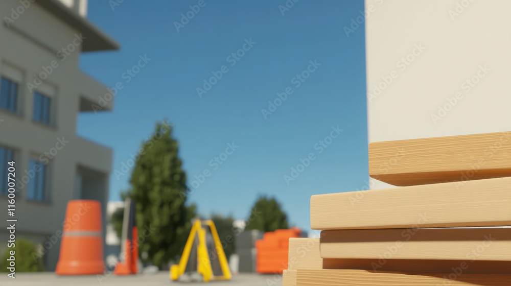 Poster discombobulate, a detailed photorealistic image showcasing a construction site, featuring heavy mach