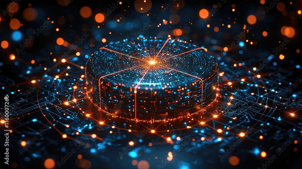 Poster a digital representation of a data network with glowing nodes and connections.