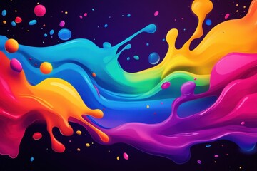 Vibrant rainbow paint splashes flow dynamically on dark background.