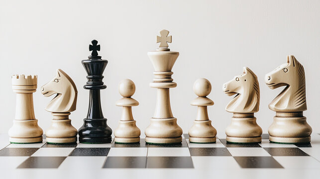 A symbolic representation of teamwork and leadership through a chessboard, highlighting the balance and unity among different roles, with the king at the center symbolizing leadership. The composition