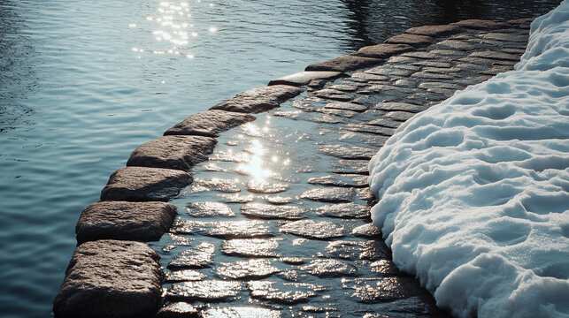 Sunlit cobblestone path with melting snow