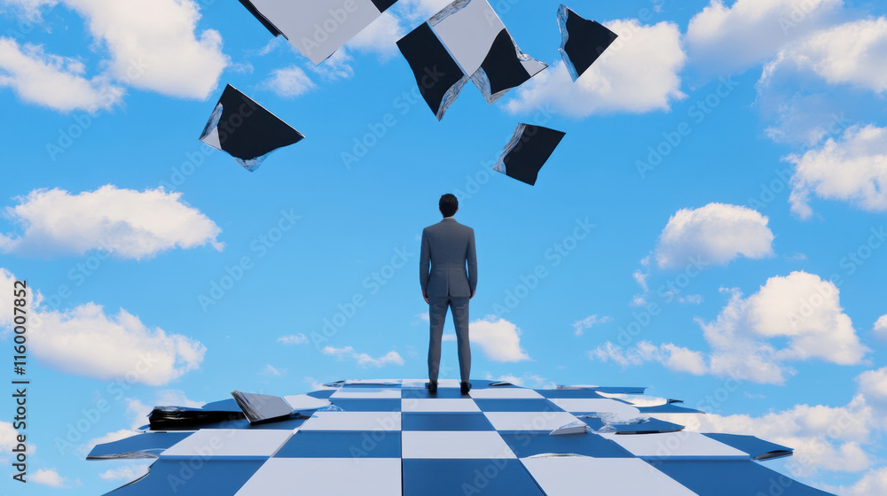 Poster discombobulate, a surreal image of a person standing on a cloud, blending dreamlike elements with a 