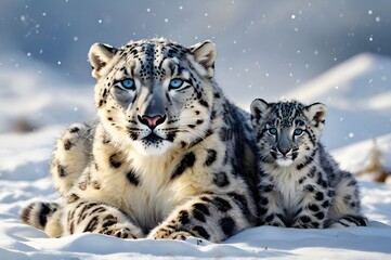 Fototapeta premium Snow leopard lying protectively with its playful cub in an expansive snowfield