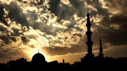 Dramatic mosque silhouette at sunset with golden clouds and rays of light : Generative AI