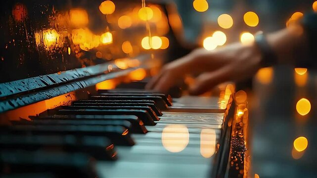 A close-up of a hand playing a piano surrounded by soft, glowing lights.