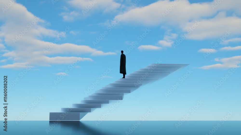 Poster discombobulate, a surreal scene featuring a person standing on a floating object, captured in a visu