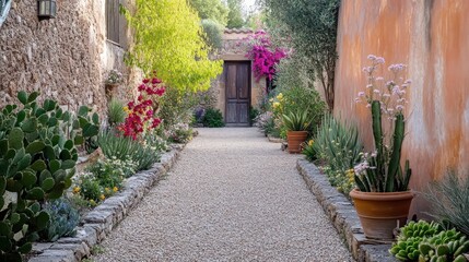 Fototapeta premium Mediterranean-inspired dry garden design, gravel walkways framed by natural stone borders, small cacti and flowering plants, rustic simplicity, 
