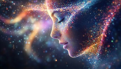 Obraz premium Serene woman's face formed from colorful particles, cosmic energy.
