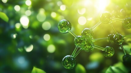 A close-up of green, carbon-based molecules, with sunlight filtering through leaves in the background.highlighting its eco-friendly nature.
