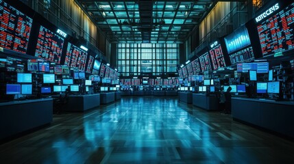 An empty stock exchange floor with flickering screens showing losses, 
