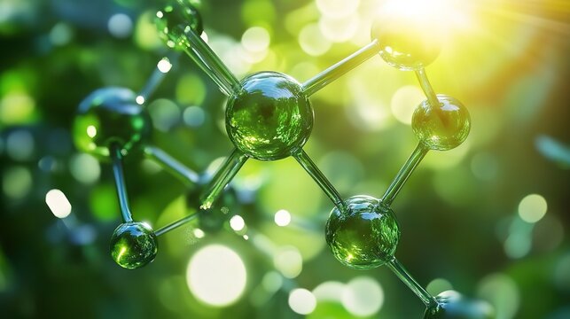 A close-up of green, carbon-based molecules, with sunlight filtering through leaves in the background.highlighting its eco-friendly nature.