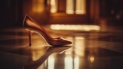 Elegant high heels on a glossy floor, with dramatic lighting highlighting the luxurious material and fine craftsmanship --ar 16:9 --v 6.1 Job ID: a3caae7b-6584-4dc7-aea9-47c44b83276e