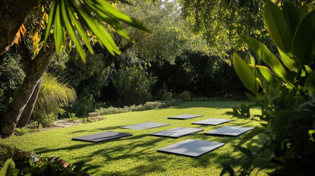 A peaceful tai chi session in a serene garden setting, Tai chi mats arranged for mindful practice, Natural photo of