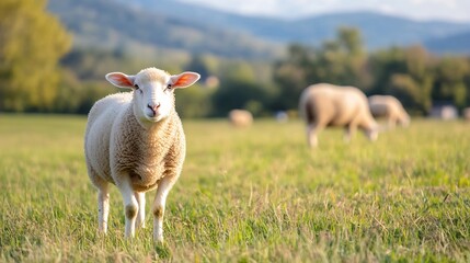 Naklejka premium Sheep Grazing Peacefully in a Lush Green Field with Mountain Backdrop : Generative AI