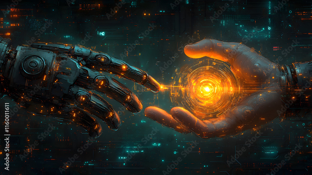 Wall mural a robot hand is holding another robot hand. the two hands are glowing with a bright orange light. co