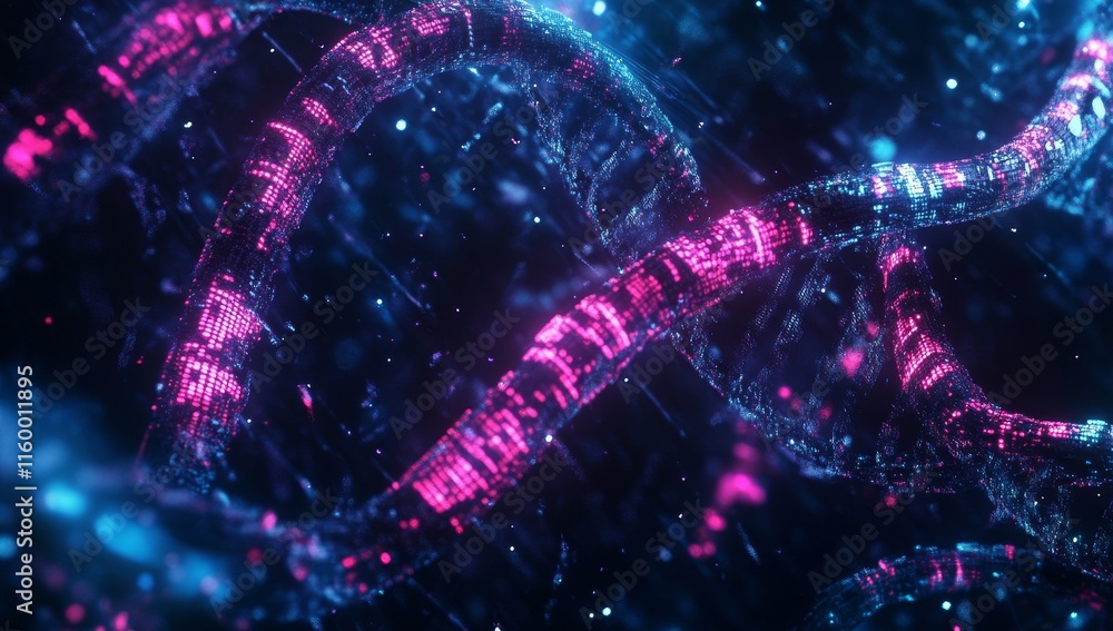 Poster abstract glowing pink and blue chains swirling in dark space with particles.