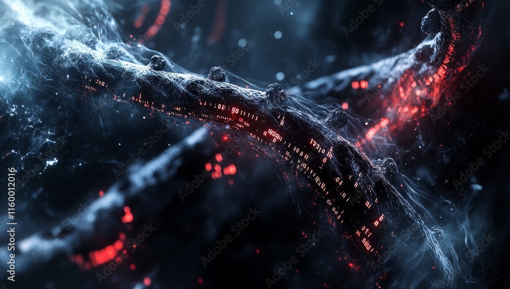Poster abstract dark energy flows with glowing red and blue particles.