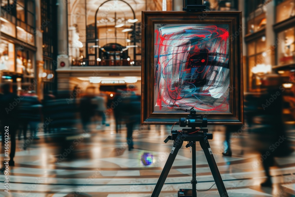 Fototapete robot crafting abstract art on large canvas with blurred background and space for text