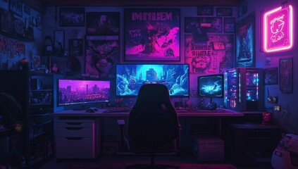 Obraz premium Gamer's room with neon lights, posters, and multiple monitors.