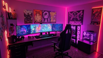 Pink & purple RGB gaming setup with ultrawide monitors, posters, and neon lights.