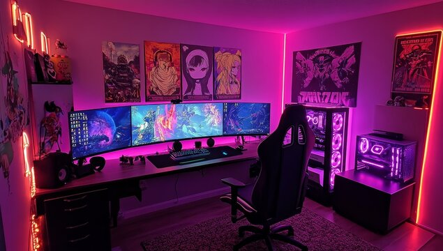 Pink & purple RGB gaming setup with ultrawide monitors, posters, and neon lights. - Powered by Adobe