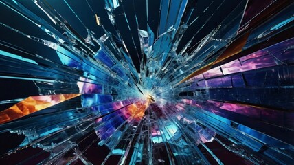 Fototapeta premium very realistic broken screen effect, with intricate cracks, glass shards, as if destroying the entire screen, with bold and bright colors like neon blue, electric purple and fiery orange.