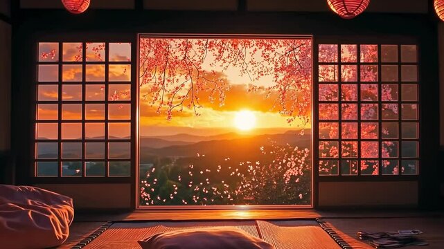 A cozy room with tatami mats, a sunset visible through the window, and soft pink lights from lanterns, in the style of an anime.