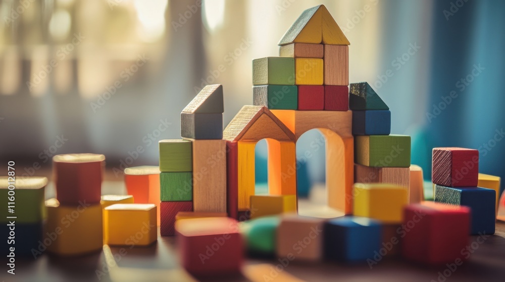 Aufkleber A playful block-building scene in a sunlit room, Colorful blocks arranged in imaginative structures, Contemporary creative style