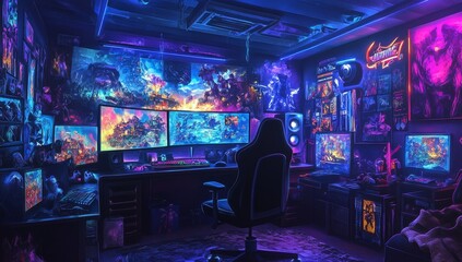Vibrant gaming room setup with multiple monitors, neon lights, and gaming chair.