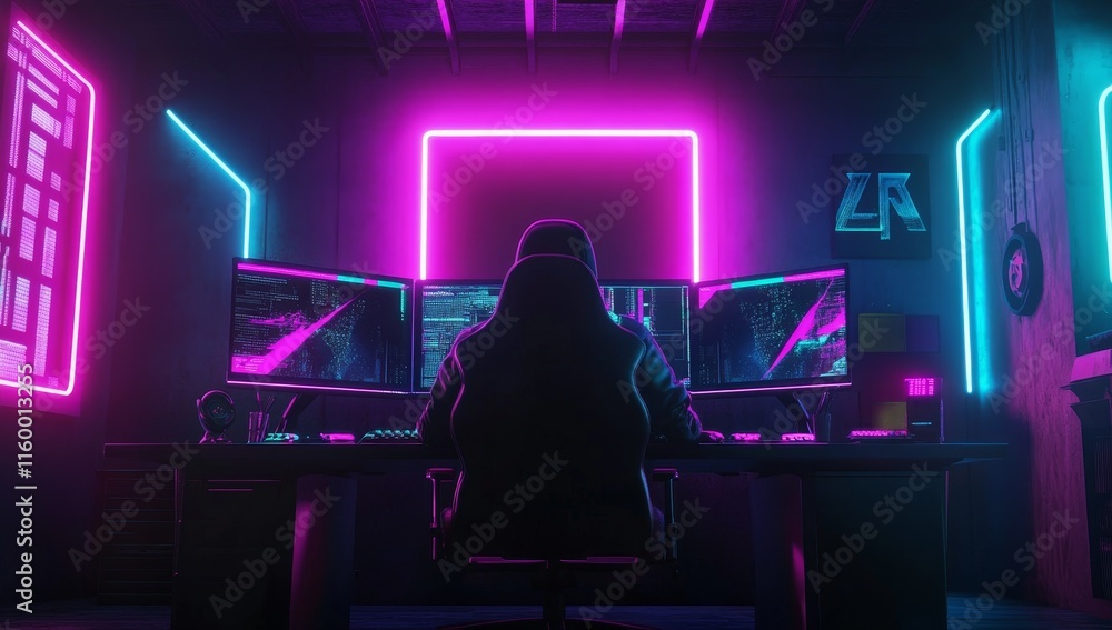 Poster Hacker in neon-lit room using multiple monitors.