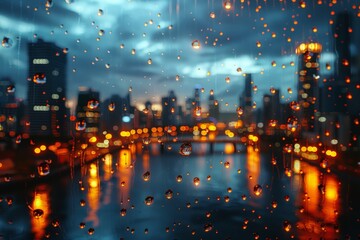 City Skyline at Night Through Rain-Covered Window with Blurred Lights Reflected on River Creating a Serene Urban Moodraindrops