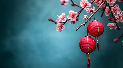 Serene Pink Cherry Blossoms with Red Lanterns on Elegant Branch against Blue Background : Generative AI