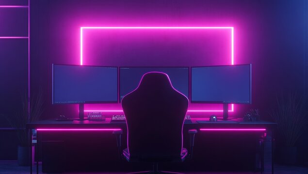 Neon-lit gaming setup with triple monitors and gaming chair.