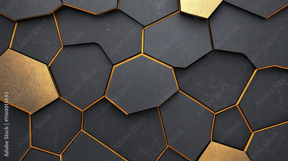 Poster geometric hexagonal pattern with dark background and gold accents for modern design projects