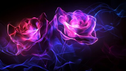 Glowing neon roses in vibrant pink and blue smoke.