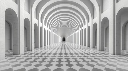 Elegant Architectural Interior with Arched Ceilings and Checkered Floor Design in Monochrome Tones
