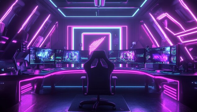 Futuristic neon-lit gaming room with multiple monitors and gamer chair.