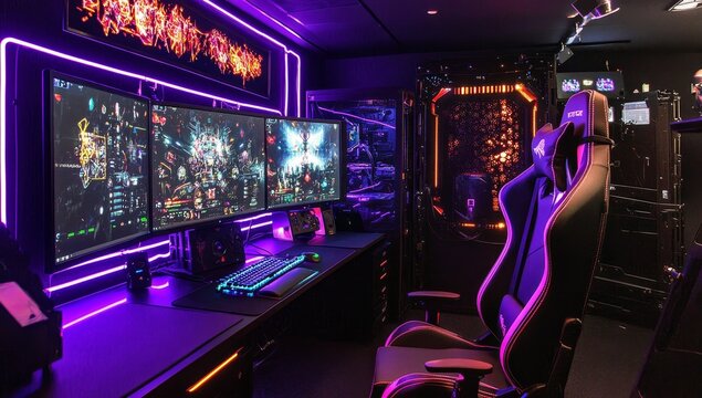 Ultimate gaming setup with triple monitors, neon lights, and ergonomic chair.