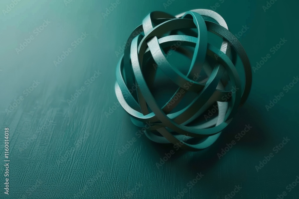 Poster minimalistic abstract torus loop of teal ribbons on dark green background, sleek and modern design