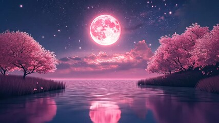Pink moon over the water, pink trees on both sides of river, glowing sky with stars, fantasy, cinematic, high resolution, high detail, hyper realistic, wide angle