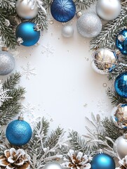 Festive Winter Wonderland Frame with Blue and Silver Ornaments, Snowflakes, and Pine Foliage for Christmas Celebrations and Holiday Decorating Ideas