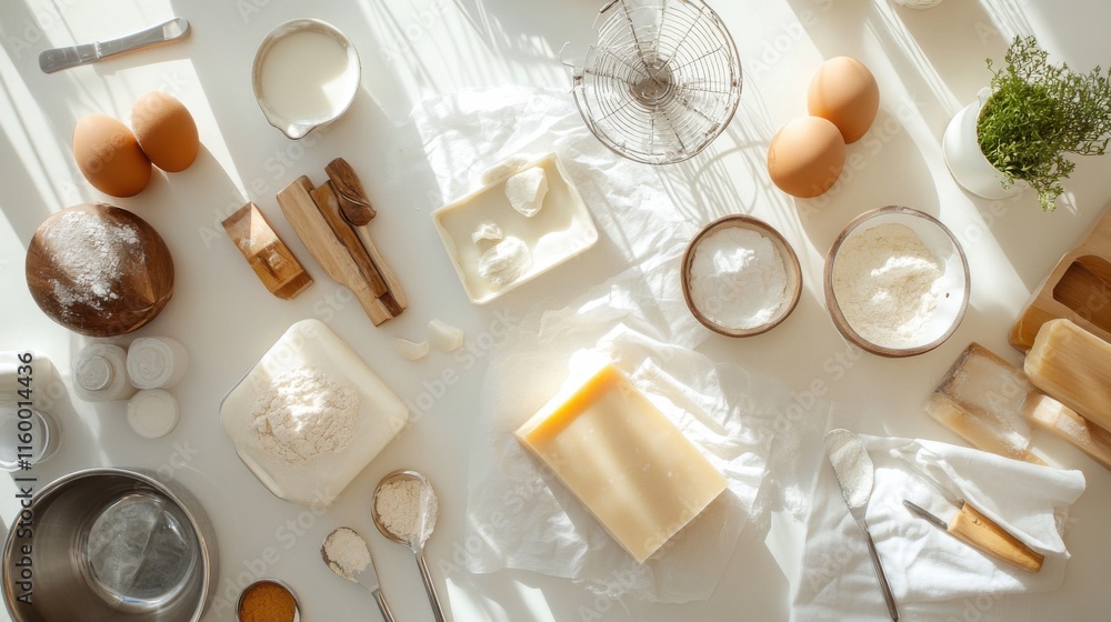 Poster a pristine soap making area in a bright workshop, soap making tools and ingredients neatly arranged,
