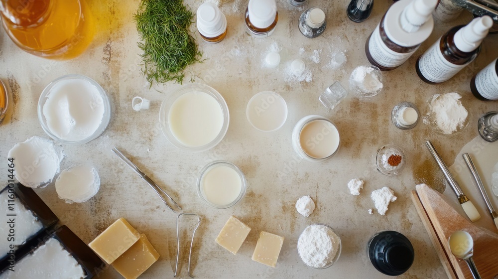 Poster a pristine soap making area in a bright workshop, soap making tools and ingredients neatly arranged,