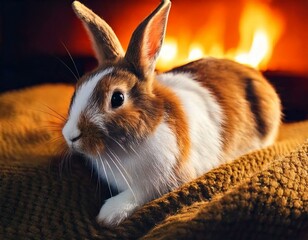 AI Image of a domesticated bunny rabbit sitting in a cozy setting, with a fireplace in the background.