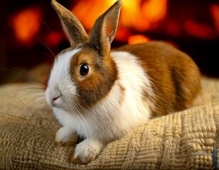 AI Image of a domesticated bunny rabbit sitting in a cozy setting, with a fireplace in the background.