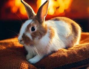 AI Image of a domesticated bunny rabbit sitting in a cozy setting, with a fireplace in the background.